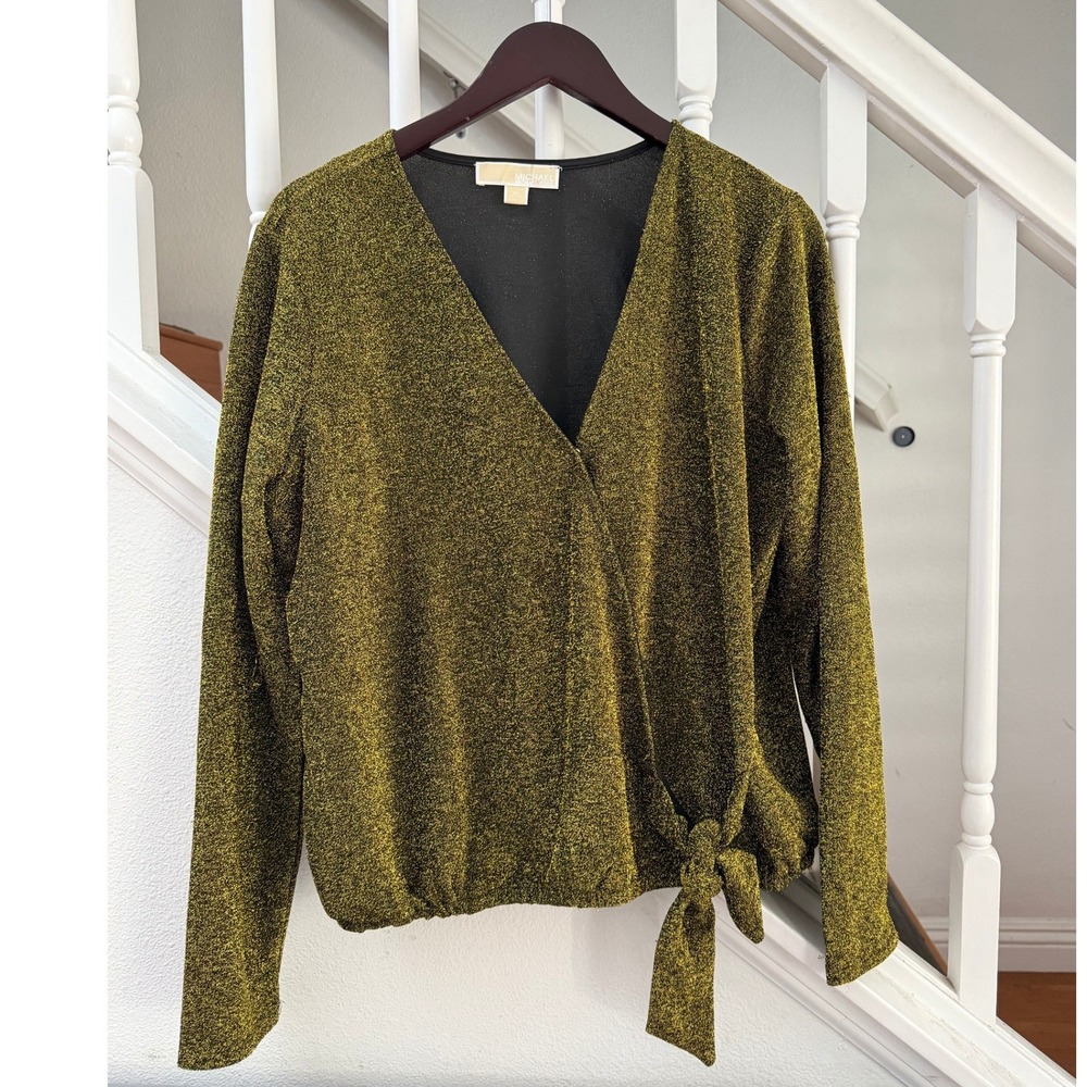 Michael Kors Womens Gold Metallic Lurex Wrap Top Side Tie V-Neck Blouse XL